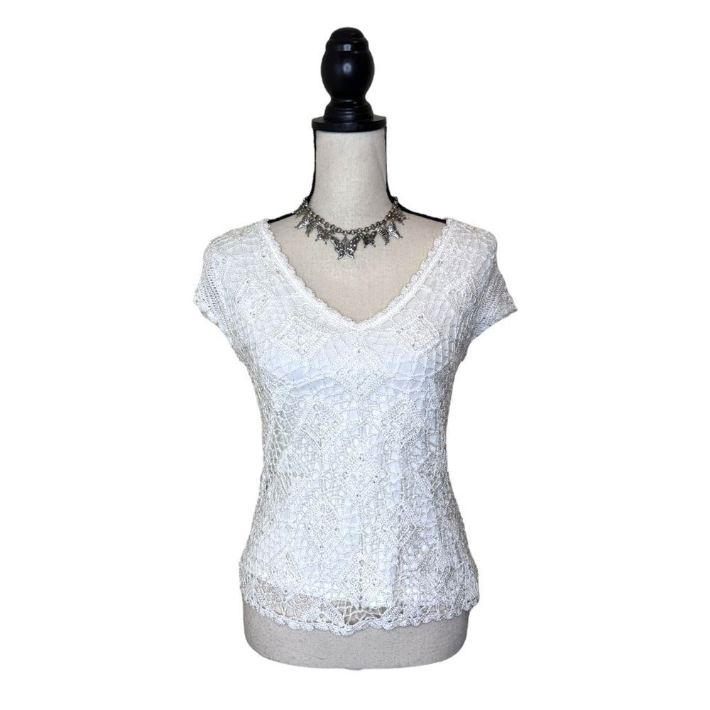 Wallis White Beaded Crochet Knit Cottagecore Top Size Medium